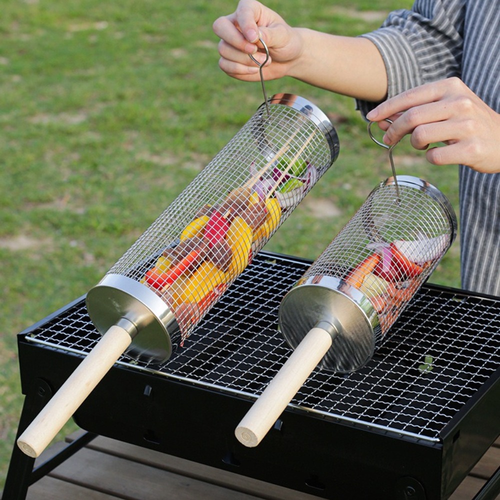 스테인리스 스틸 롤링 바베큐 그릴 바스켓, 나무 손잡이 - Camping Cooking Meat 리뷰 및 가격